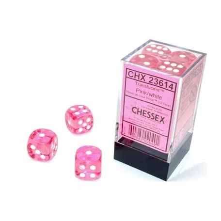 Chessex Translucent Pink/white 16mm d6 Dice Block (12 dice)-23614