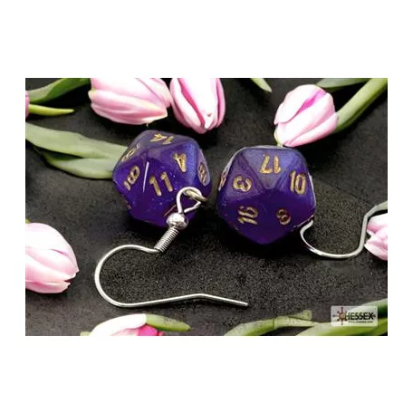 Chessex Hook Earrings Borealis Royal Purple Mini-Poly d20 Pair-54212