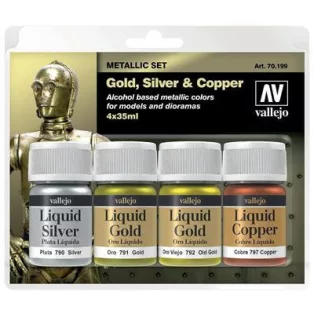 Vallejo - Liquid Gold / 4 colors set - Alcohol-based Metallic Set - Gold (2), Silver & Copper 35 ml-70199