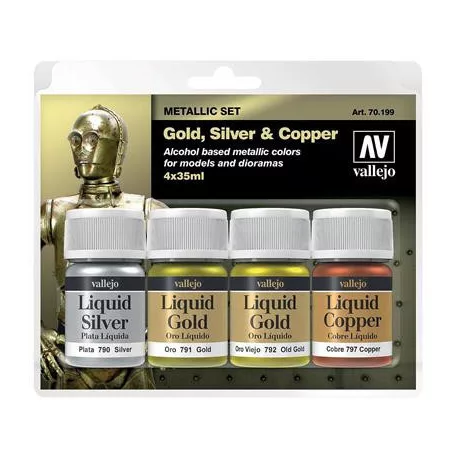 Vallejo - Liquid Gold / 4 colors set - Alcohol-based Metallic Set - Gold (2), Silver & Copper 35 ml-70199