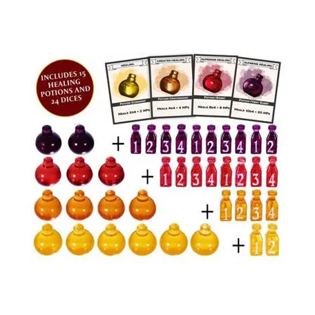 Healing Potion Markers & Dice - Set of 24 Dice & 15 Potions Tokens-LNX03001