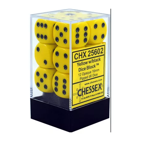 Chessex Opaque 16mm d6 with pips Dice Blocks (12 Dice) - Yellow w/black-25602