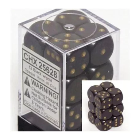 Chessex Opaque 16mm d6 with pips Dice Blocks (12 Dice) - Black w/gold-25628