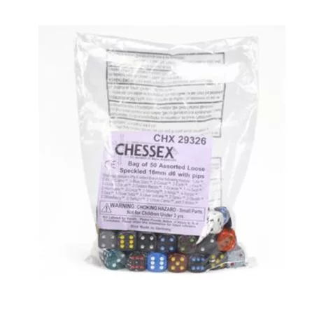 Chessex Speckled Bags of 50 Asst. Dice - Loose Speck. 16mm d6 w/pips Dice-29326