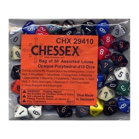 Chessex Opaque Bags of 50 Asst. Dice - Loose Opaque Polyhedral d10 Dice-29410