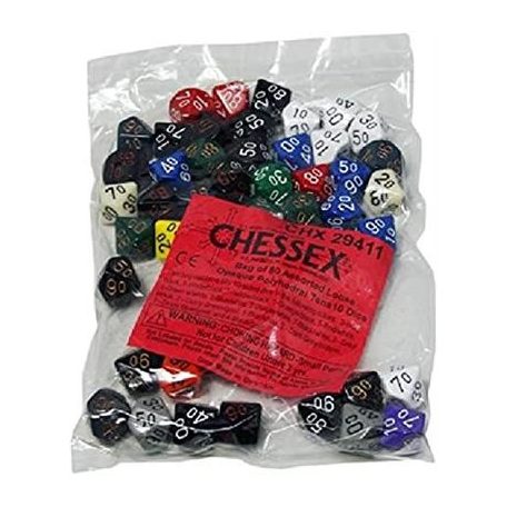 Chessex Opaque Bags of 50 Asst. Dice - Loose Opaque Poly. Tens 10 Dice-29411