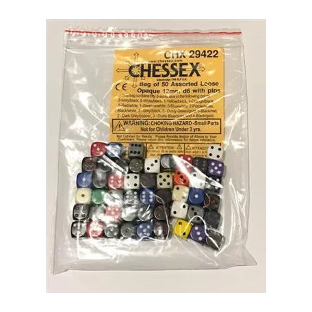 Chessex Opaque Bags of 50 Asst. Dice - Loose Opaque 12mm d6 w/pips Dice-29422