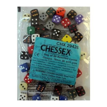 Chessex Opaque Bags of 50 Asst. Dice - Loose Opaque 16mm d6 w/pips Dice-29426