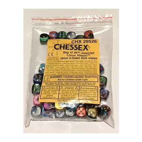 Chessex Gemini Bags of 50 Asst. Dice - Loose Gemini 16mm d6 w/pips Dice-29526