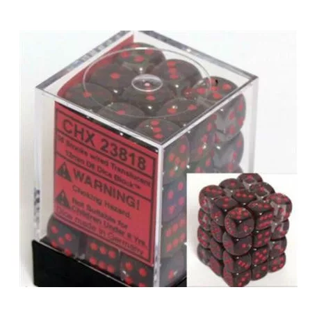 Chessex Translucent 12mm d6 with pips Dice Blocks (36 Dice) - Smoke w/red-23818