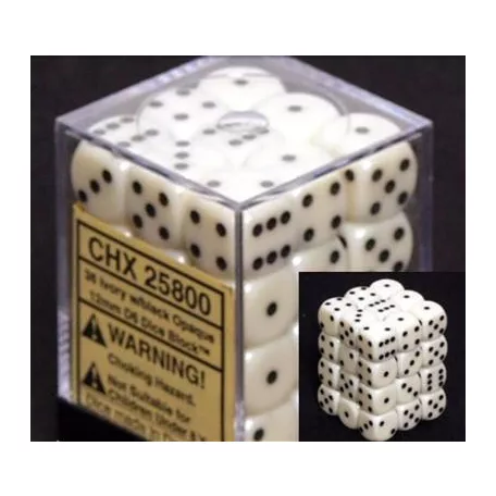 Chessex Opaque 12mm d6 with pips Dice Blocks (36 Dice) - Ivory w/black-25800