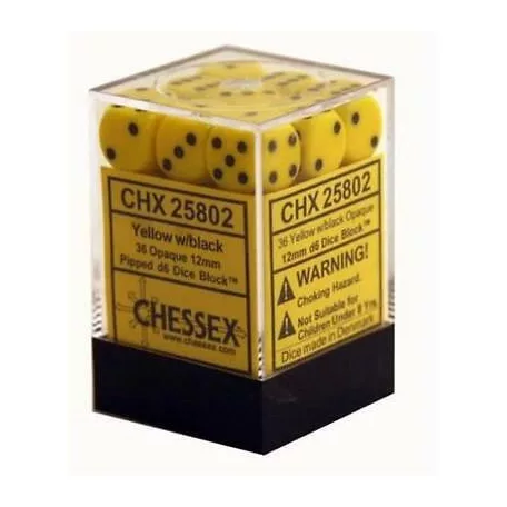 Chessex Opaque 12mm d6 with pips Dice Blocks (36 Dice) - Yellow w/black-25802