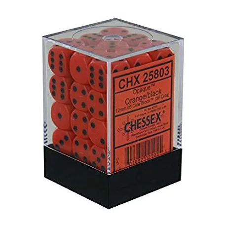 Chessex Opaque 12mm d6 with pips Dice Blocks (36 Dice) - Orange w/black-25803