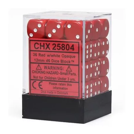 Chessex Opaque 12mm d6 with pips Dice Blocks (36 Dice) - Red w/white-25804