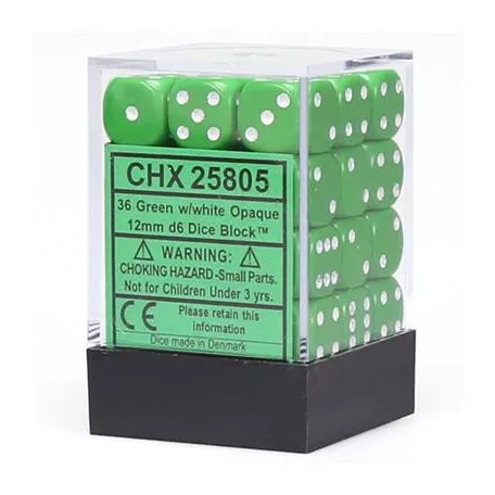 Chessex Opaque 12mm d6 with pips Dice Blocks (36 Dice) - Green w/white-25805