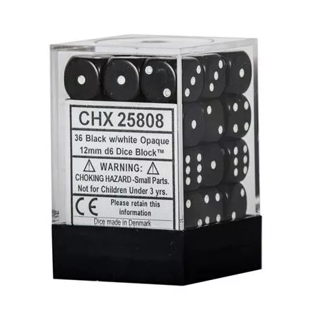 Chessex Opaque 12mm d6 with pips Dice Blocks (36 Dice) - Black w/white-25808