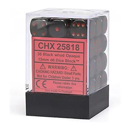 Chessex Opaque 12mm d6 with pips Dice Blocks (36 Dice) - Black w/red-25818