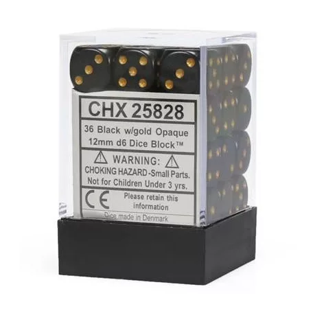Chessex Opaque 12mm d6 with pips Dice Blocks (36 Dice) - Black w/gold-25828