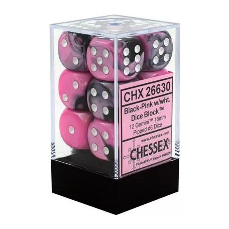 Chessex Gemini 16mm d6 with pips Dice Blocks (12 Dice) - Black-Pink w/white-26630
