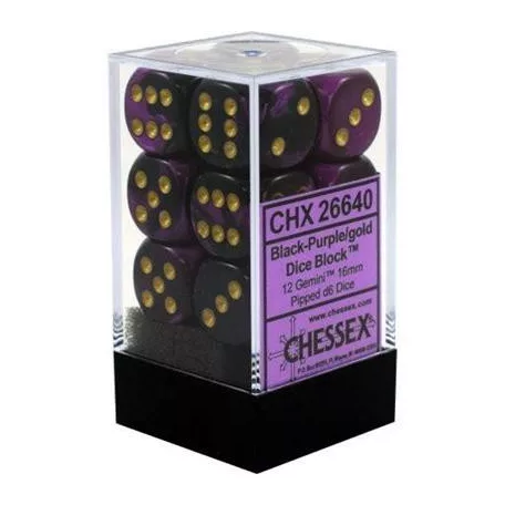 Chessex Gemini 16mm d6 with pips Dice Blocks (12 Dice) - Black-Purple w/gold-26640