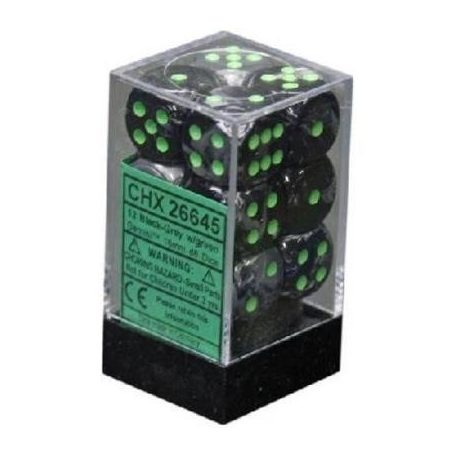 Chessex Gemini 16mm d6 with pips Dice Blocks (12 Dice) - Black-Grey w/green-26645