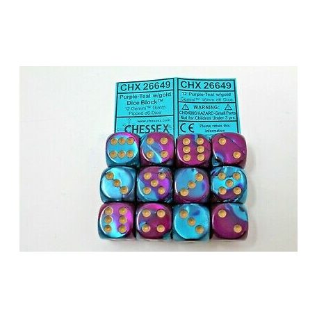 Chessex Gemini 16mm d6 with pips Dice Blocks (12 Dice) - Purple-Teal w/gold-26649