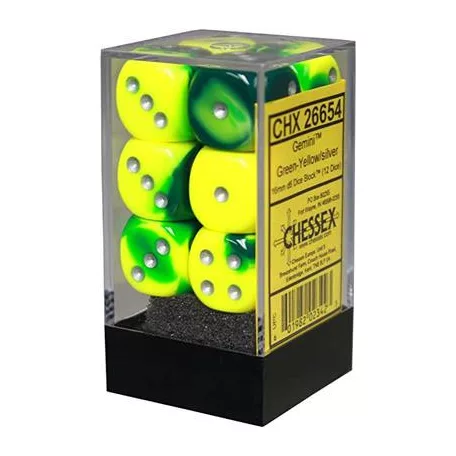 Chessex Gemini 16mm d6 with pips Dice Blocks (12 Dice) - Green-Yellow w/silver-26654