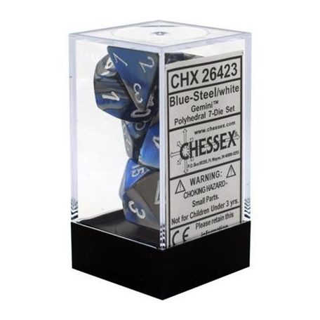 Chessex Gemini Polyhedral 7-Die Set - Blue-Steel w/white-26423