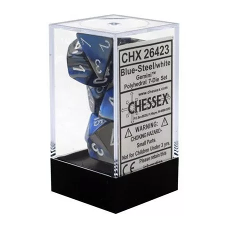 Chessex Gemini Polyhedral 7-Die Set - Blue-Steel w/white-26423