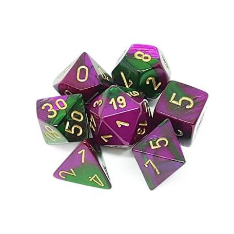 Chessex Gemini Polyhedral 7-Die Set - Green-Purple w/gold-26434