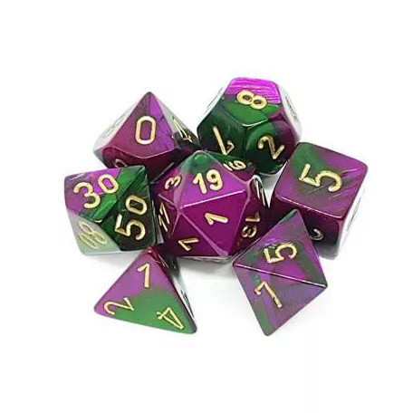 Chessex Gemini Polyhedral 7-Die Set - Green-Purple w/gold-26434
