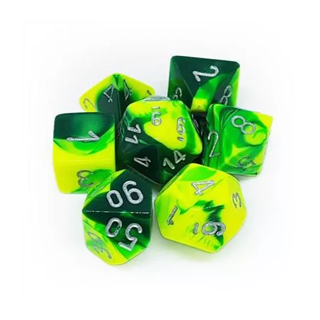 Chessex Gemini Polyhedral 7-Die Set - Green-Yellow w/silver-26454
