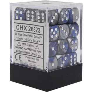 Chessex Gemini 12mm d6 Dice Blocks with pips Dice Blocks (36 Dice) - Blue-Steel w/white-26823