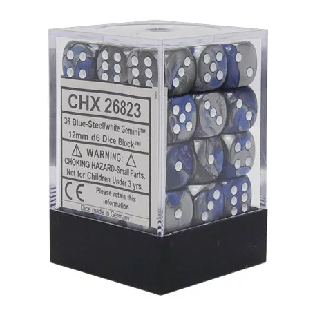 Chessex Gemini 12mm d6 Dice Blocks with pips Dice Blocks (36 Dice) - Blue-Steel w/white-26823