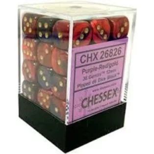 Chessex Gemini 12mm d6 Dice Blocks with pips Dice Blocks (36 Dice) - Purple-Red w/gold-26826