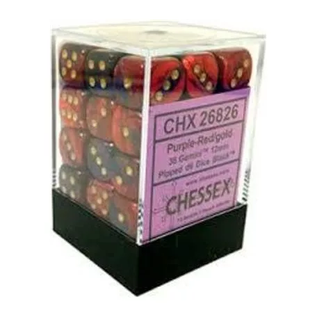 Chessex Gemini 12mm d6 Dice Blocks with pips Dice Blocks (36 Dice) - Purple-Red w/gold-26826