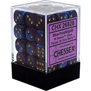 Chessex Gemini 12mm d6 Dice Blocks with pips Dice Blocks (36 Dice) - Blue-Purple w/gold-26828