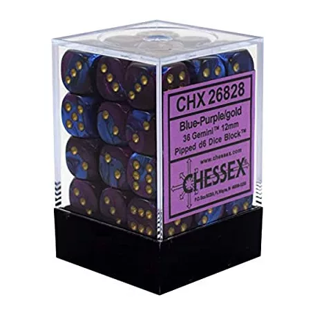 Chessex Gemini 12mm d6 Dice Blocks with pips Dice Blocks (36 Dice) - Blue-Purple w/gold-26828