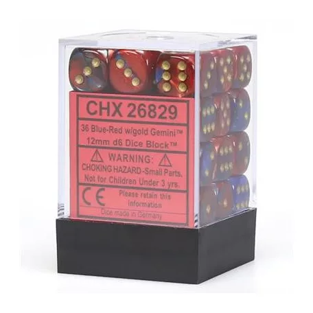 Chessex Gemini 12mm d6 Dice Blocks with pips Dice Blocks (36 Dice) - Blue-Red w/gold-26829