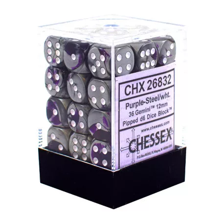 Chessex Gemini 12mm d6 Dice Blocks with pips Dice Blocks (36 Dice) - Purple-Steel w/white-26832