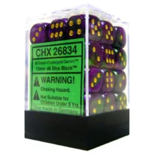 Chessex Gemini 12mm d6 Dice Blocks with pips Dice Blocks (36 Dice) - Green-Purple w/gold-26834