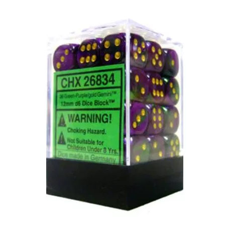 Chessex Gemini 12mm d6 Dice Blocks with pips Dice Blocks (36 Dice) - Green-Purple w/gold-26834
