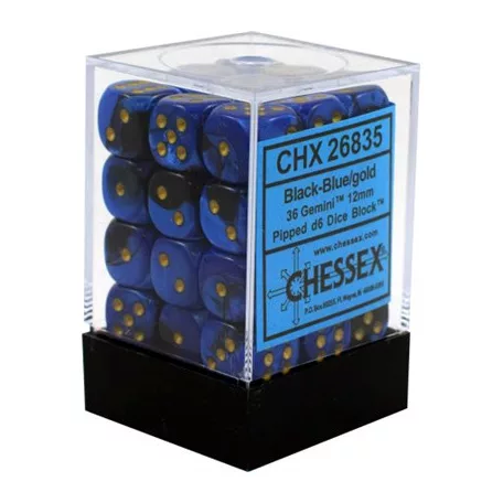 Chessex Gemini 12mm d6 Dice Blocks with pips Dice Blocks (36 Dice) - Black-Blue w/gold-26835