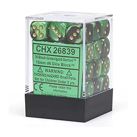 Chessex Gemini 12mm d6 Dice Blocks with pips Dice Blocks (36 Dice) - Black-Green w/gold-26839
