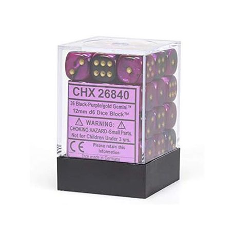 Chessex Gemini 12mm d6 Dice Blocks with pips Dice Blocks (36 Dice) - Black-Purple w/gold-26840