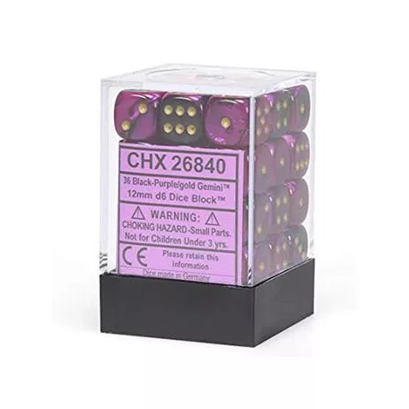 Chessex Gemini 12mm d6 Dice Blocks with pips Dice Blocks (36 Dice) - Black-Purple w/gold-26840
