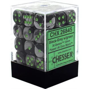 Chessex Gemini 12mm d6 Dice Blocks with pips Dice Blocks (36 Dice) - Black-Grey w/green-26845