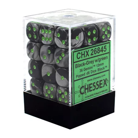 Chessex Gemini 12mm d6 Dice Blocks with pips Dice Blocks (36 Dice) - Black-Grey w/green-26845