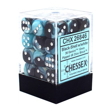 Chessex Gemini 12mm d6 Dice Blocks with pips Dice Blocks (36 Dice) - Black-Shell w/white-26846