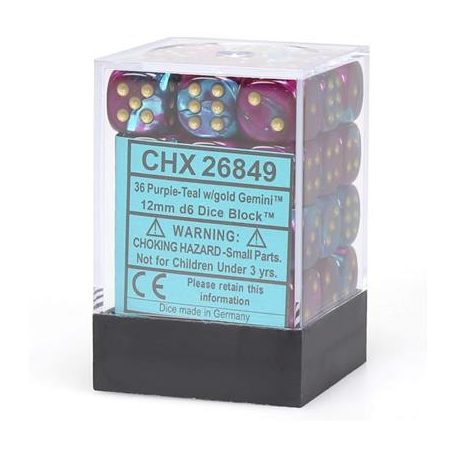 Chessex Gemini 12mm d6 Dice Blocks with pips Dice Blocks (36 Dice) - Purple-Teal w/gold-26849